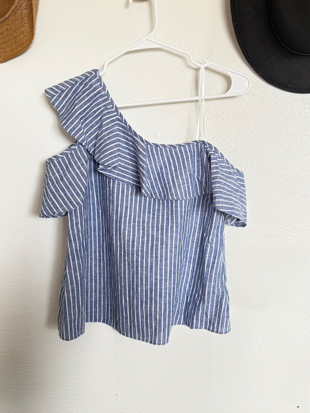 Madewell Blue and White Striped One-Shoulder Ruffle Blouse